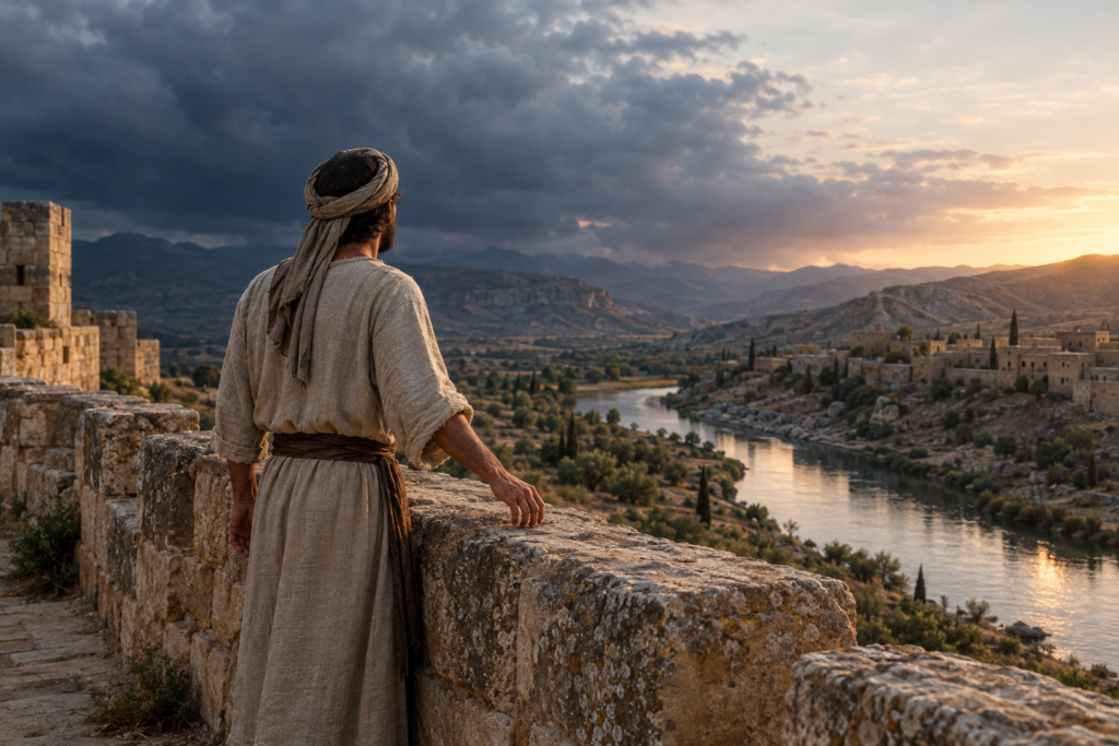 An ancient watchkeeper loosens one hand from a stone wall as dawn breaks beyond retreating storm clouds.