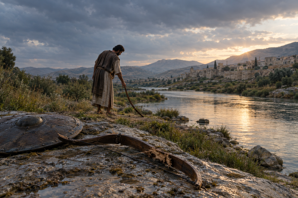 A solitary figure sets down an unstrung bow beside calm water below an ancient hill city.