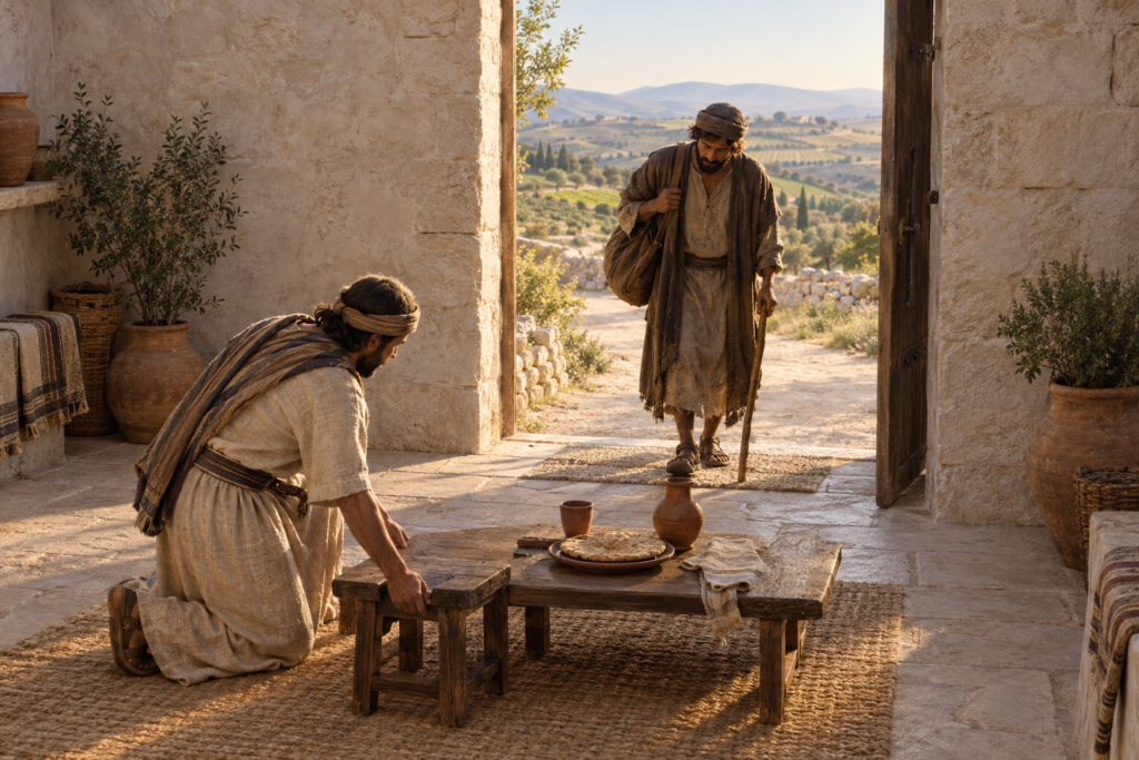 In an ancient stone courtyard, a host prepares bread and an extra stool for a traveler crossing the threshold.
