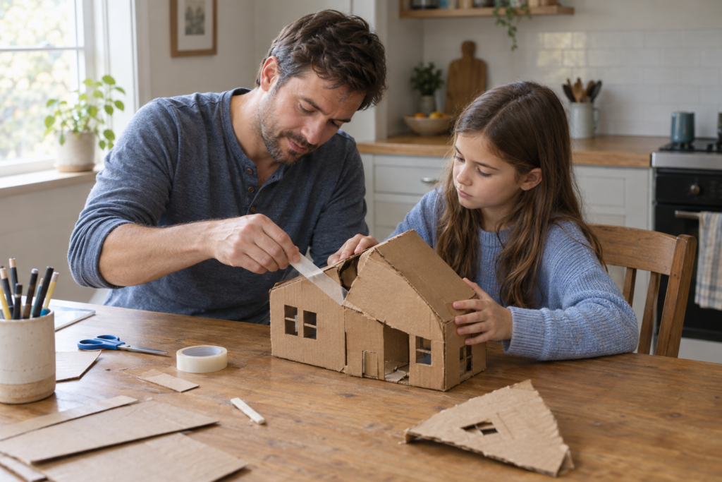 A father and daughter quietly tape a damaged cardboard school model together at a kitchen table.