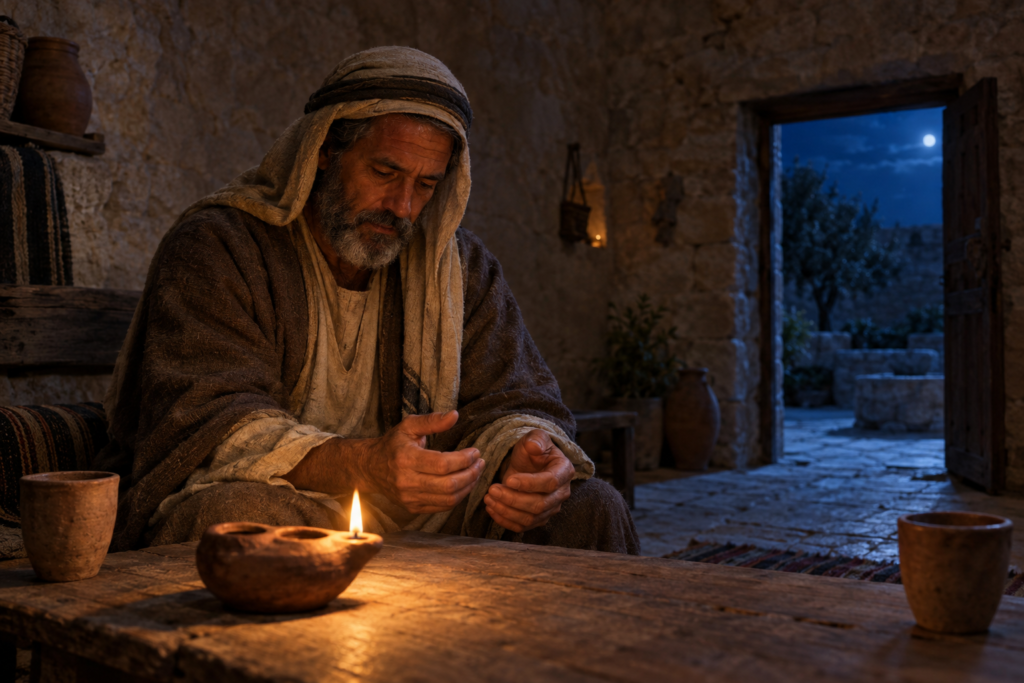 An older man beside a clay lamp slowly unclenches his hands in a quiet stone room at night.