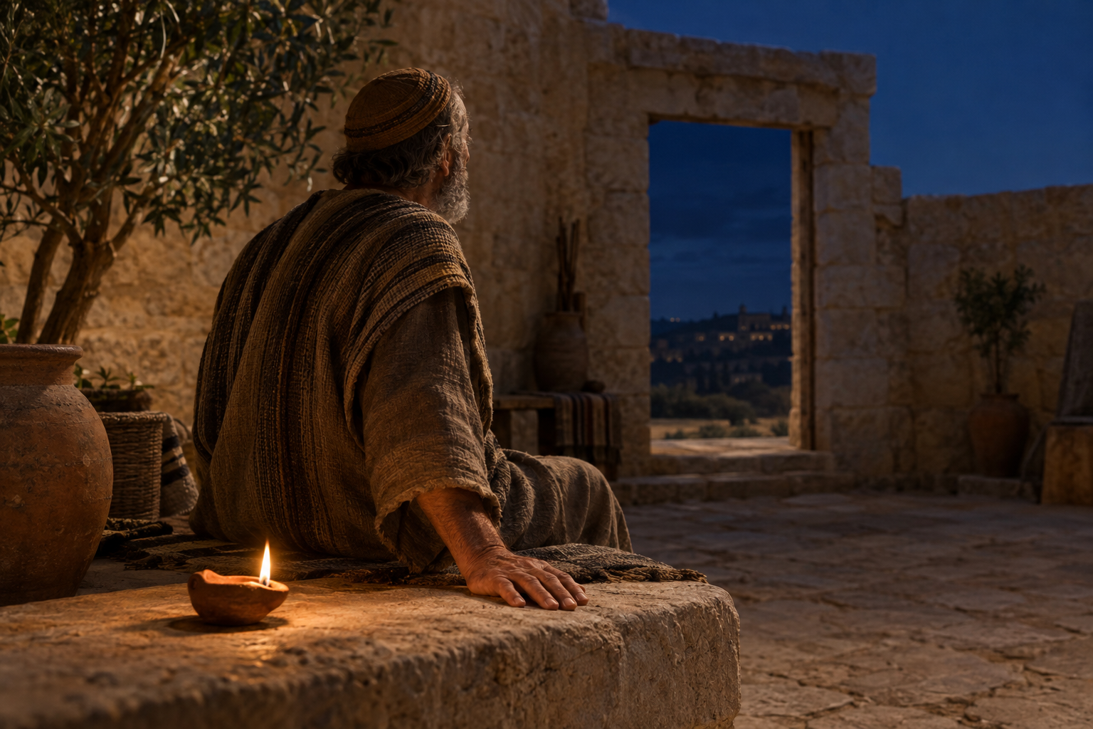 An older man beside an oil lamp relaxes his hand in a quiet stone courtyard at night.