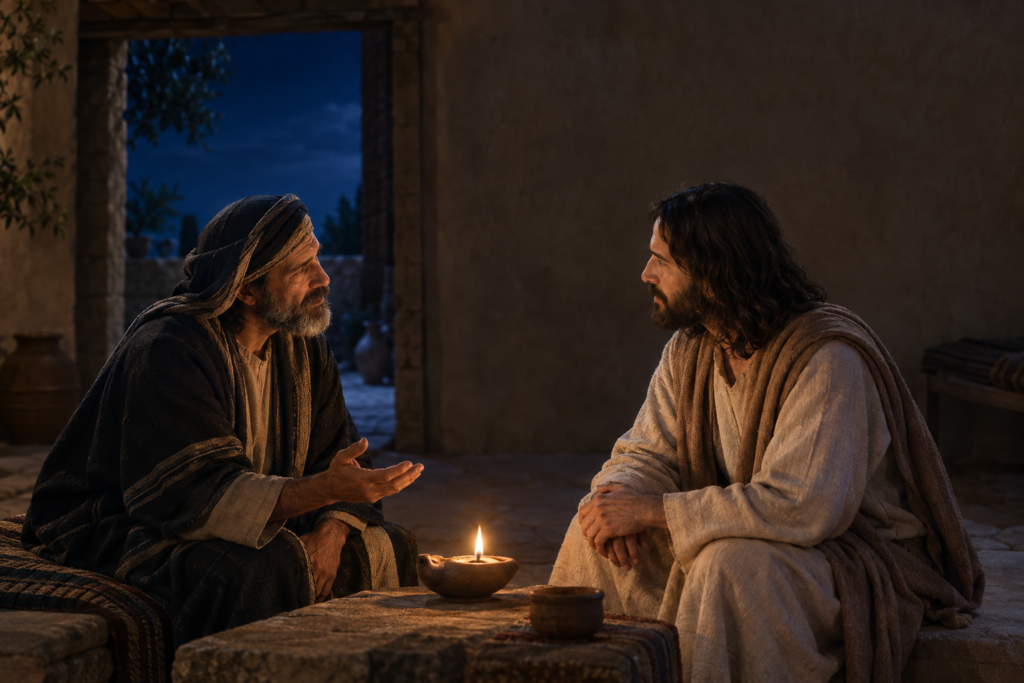 At night, Nicodemus leans forward with an open hand as Jesus listens beside a small oil lamp.