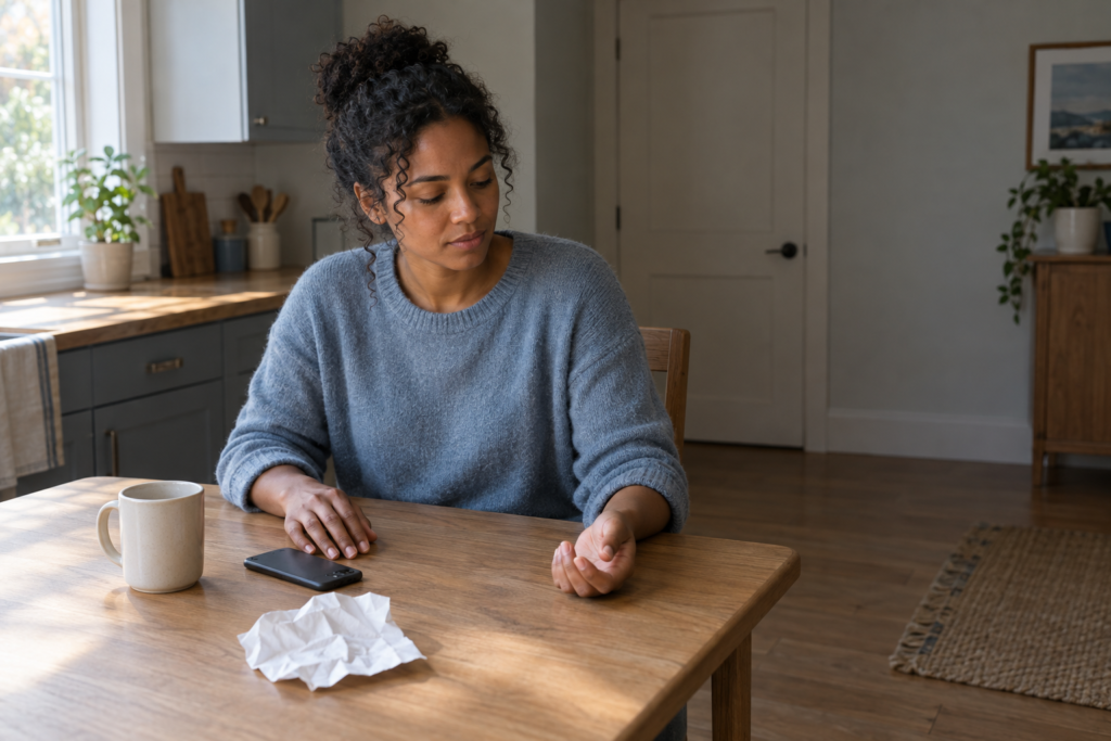 An adult sits at a kitchen table with relaxed hands beside a face-down phone after sending an apology.