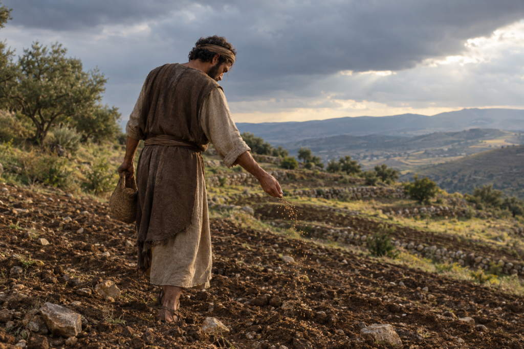 A solitary sower scatters grain across a rain-darkened terraced field as soft morning light breaks through clouds.