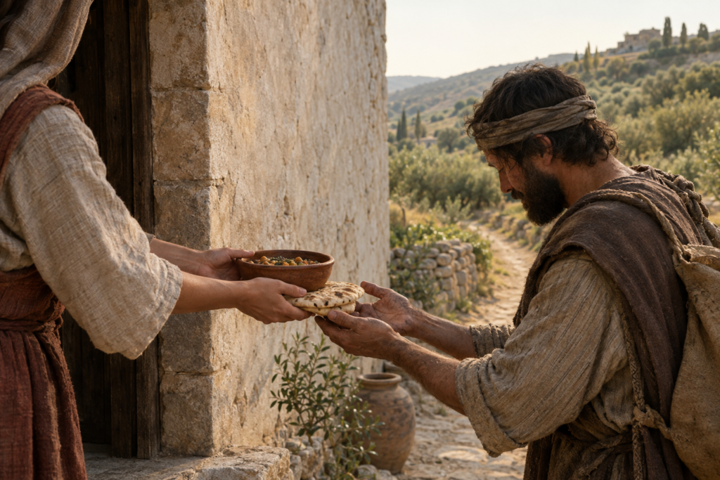 Hands pass bread and a clay bowl across a weathered doorway to a tired neighbor.