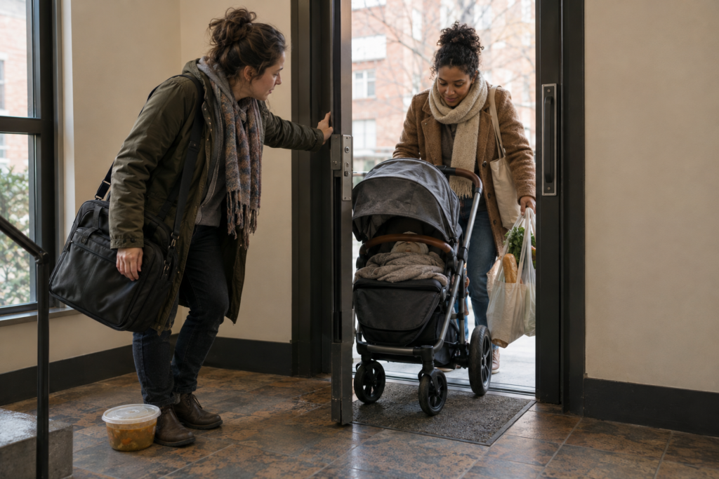 A tired resident holds an apartment door while a neighbor brings a stroller and groceries inside.