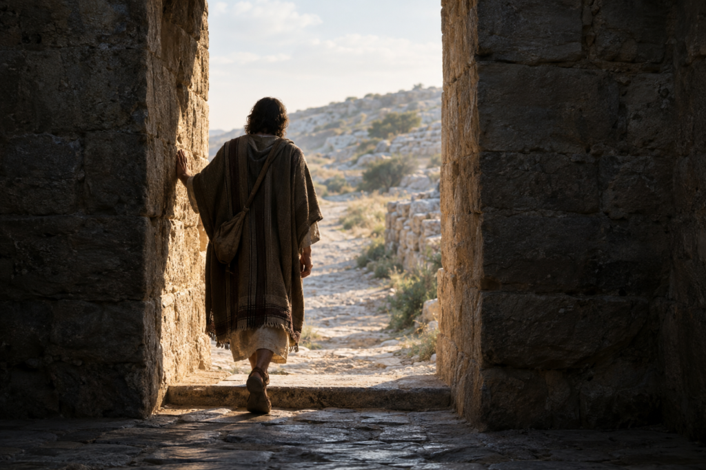 A lone cloaked traveler steps from a shadowed stone gateway onto a softly lit path.