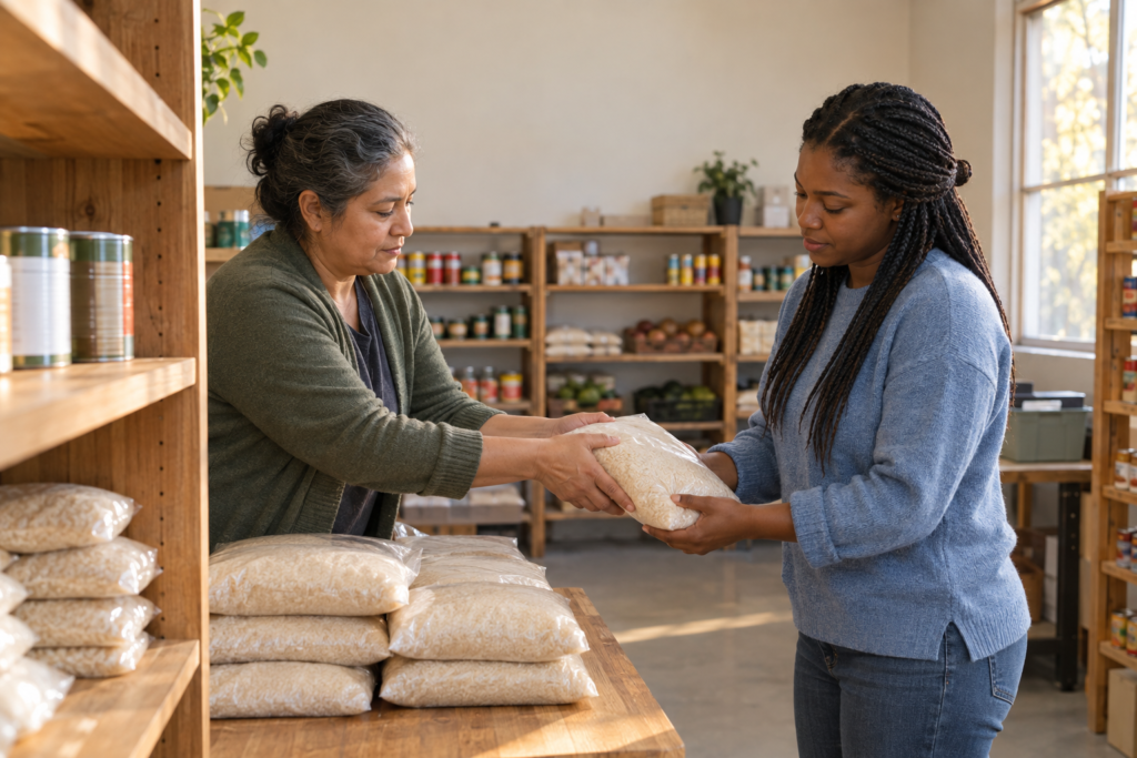Two women quietly restock rice together in a warmly lit neighborhood food pantry.