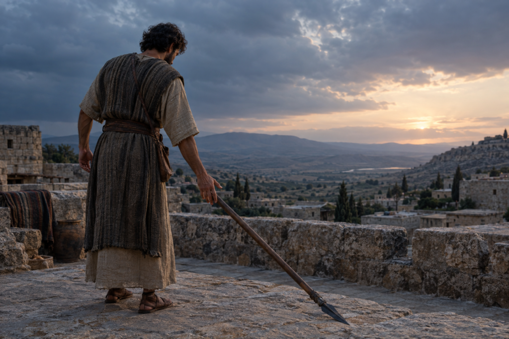 A solitary ancient-world figure sets down a wooden spear on a stone rooftop as dawn breaks over the valley.
