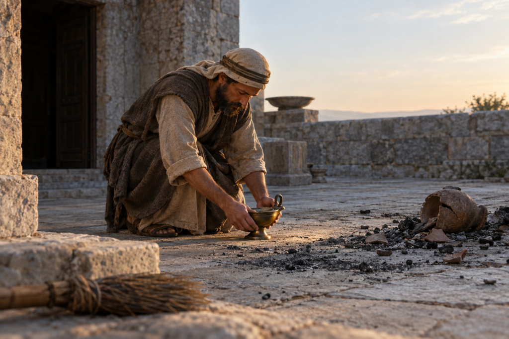 A sanctuary worker sets an overturned bronze lamp upright in a soot-marked stone courtyard at dawn.