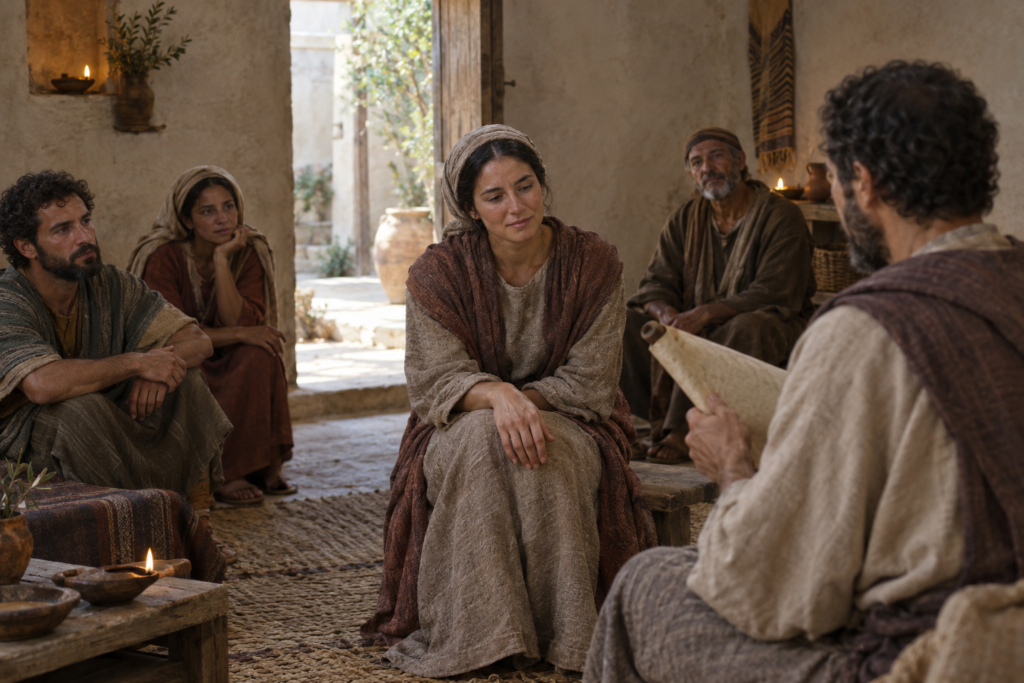 A small first-century gathering listens to a reader in a modest Roman home while one seated person’s tense hand begins to relax.